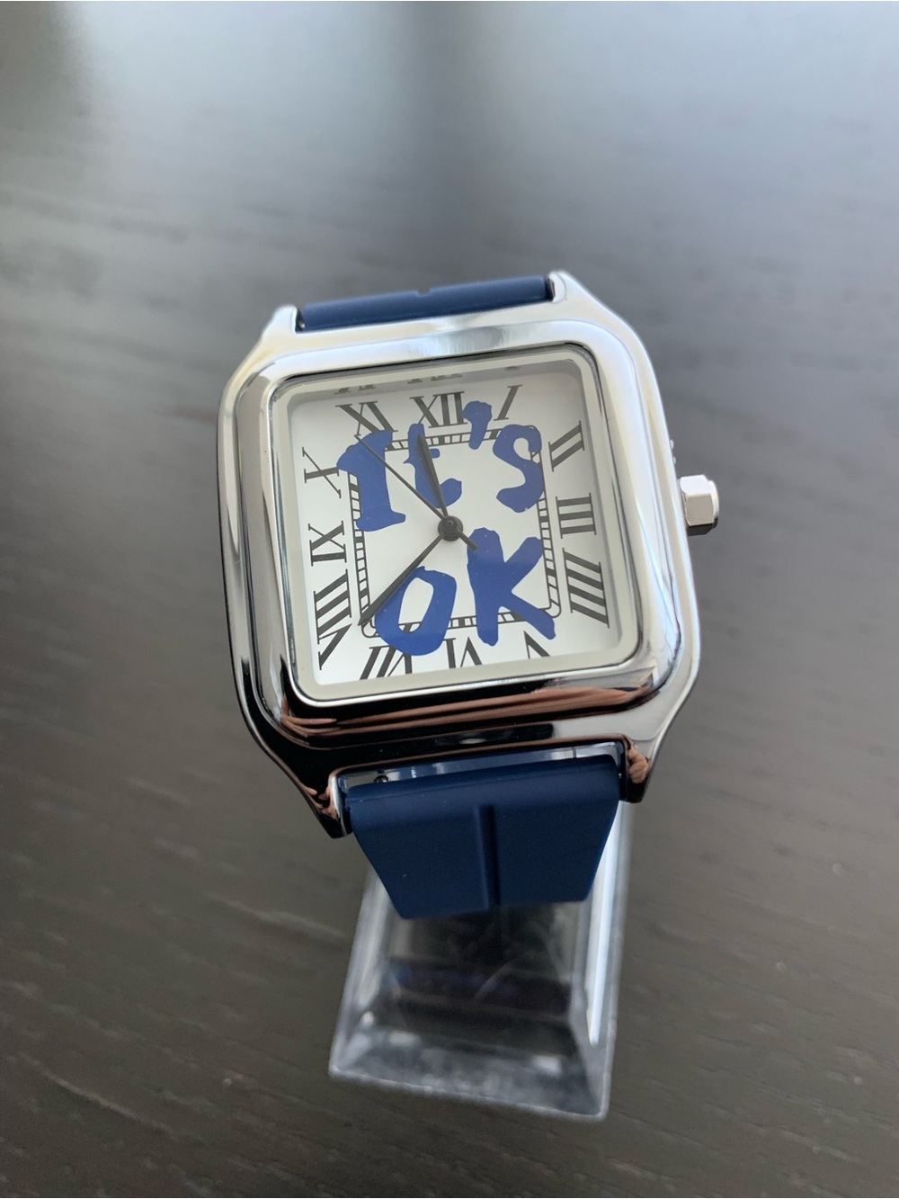Brand New It’s Okay Silver Tank Watch with Blue Rubber strap